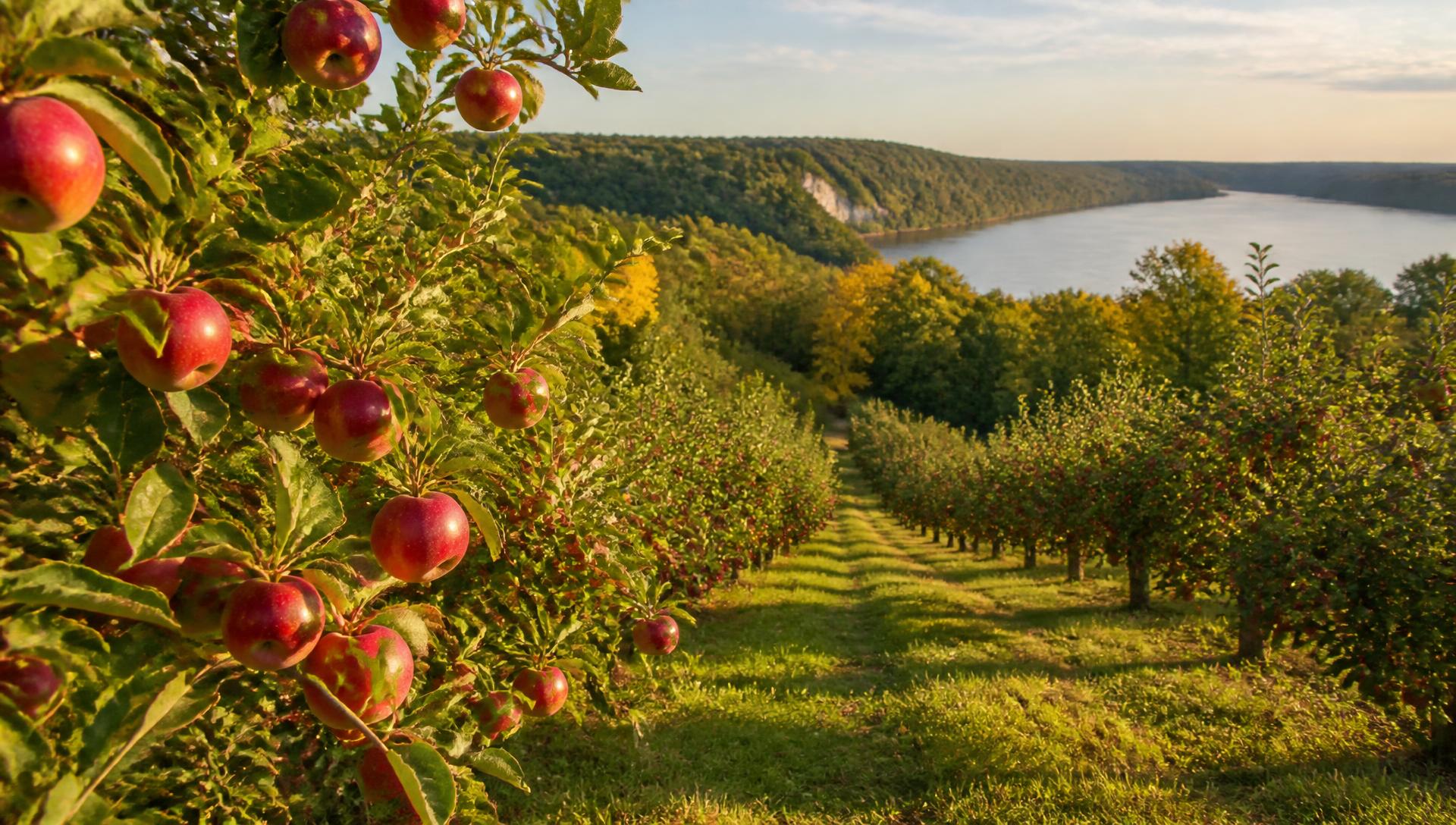 Apple orchard rows on the bluffs above the Mississippi River